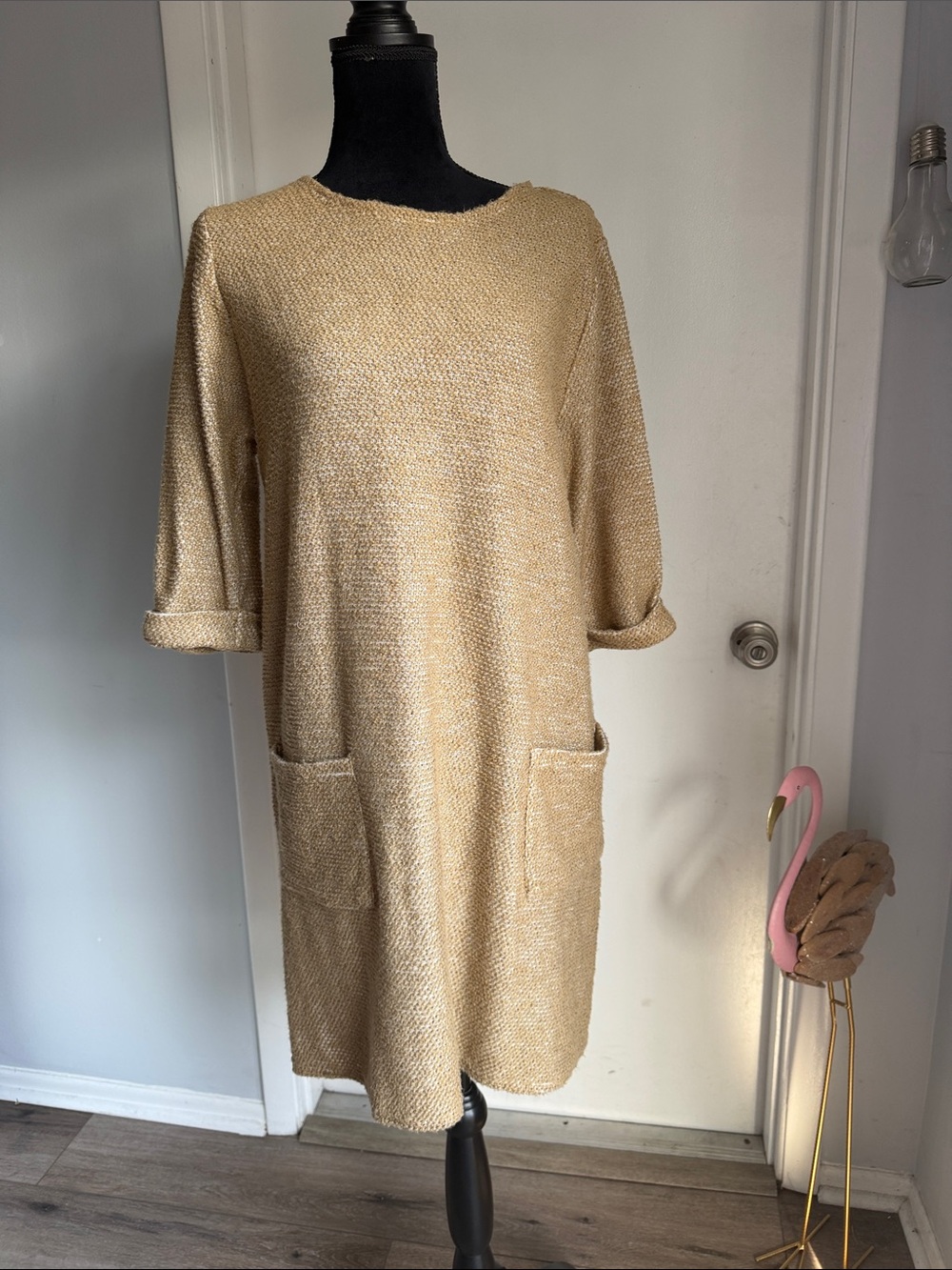 Robert Louis Gold Marled Knit Shift Dress Size Large Patch Pockets